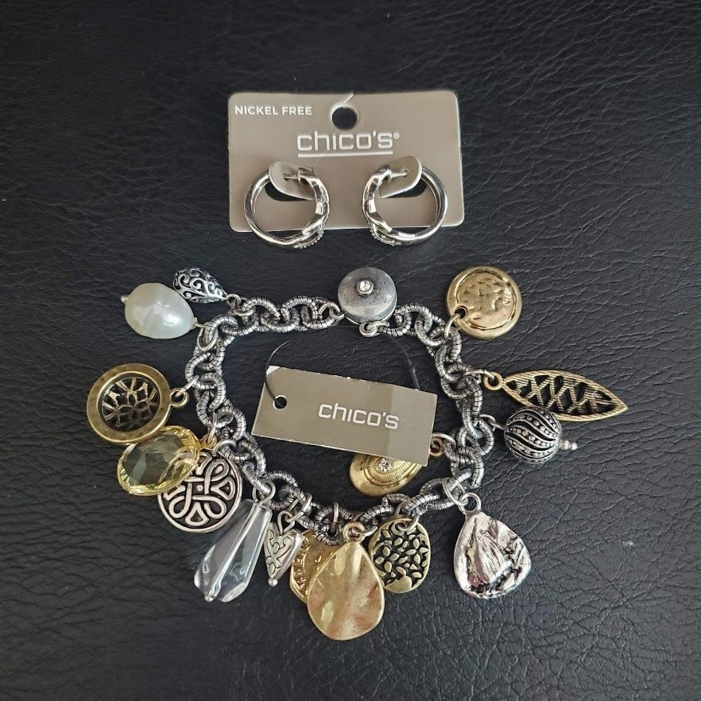 Chico's Mixed Metal Charm Bracelet and Hoop Huggie Earrings Jewelry Set NWT